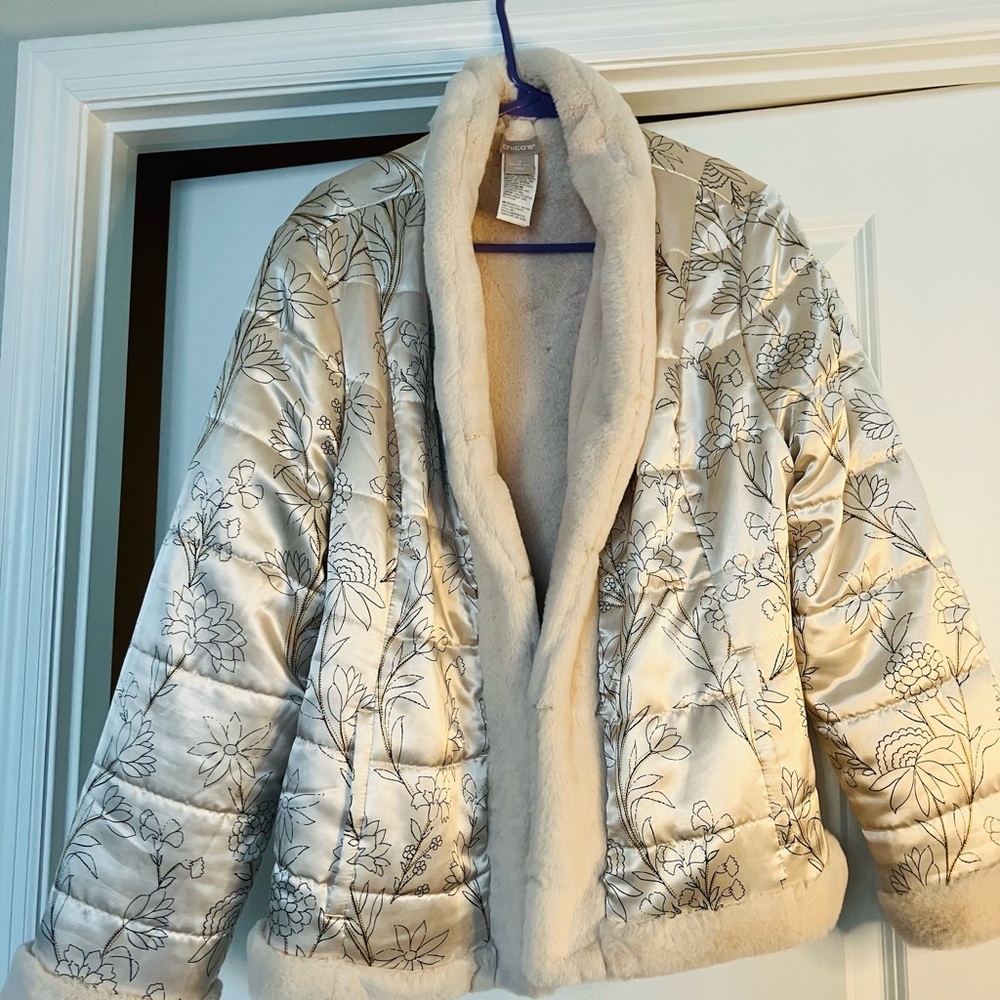 Chico's Cream Floral Faux Fur Jacket